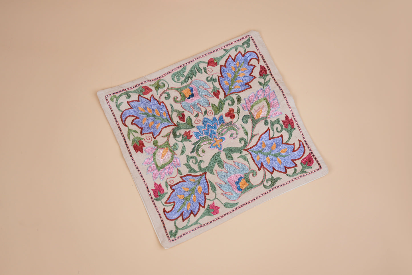 Hand-Embroidered Floral Pillow Case – Blue & Pink Suzani Design