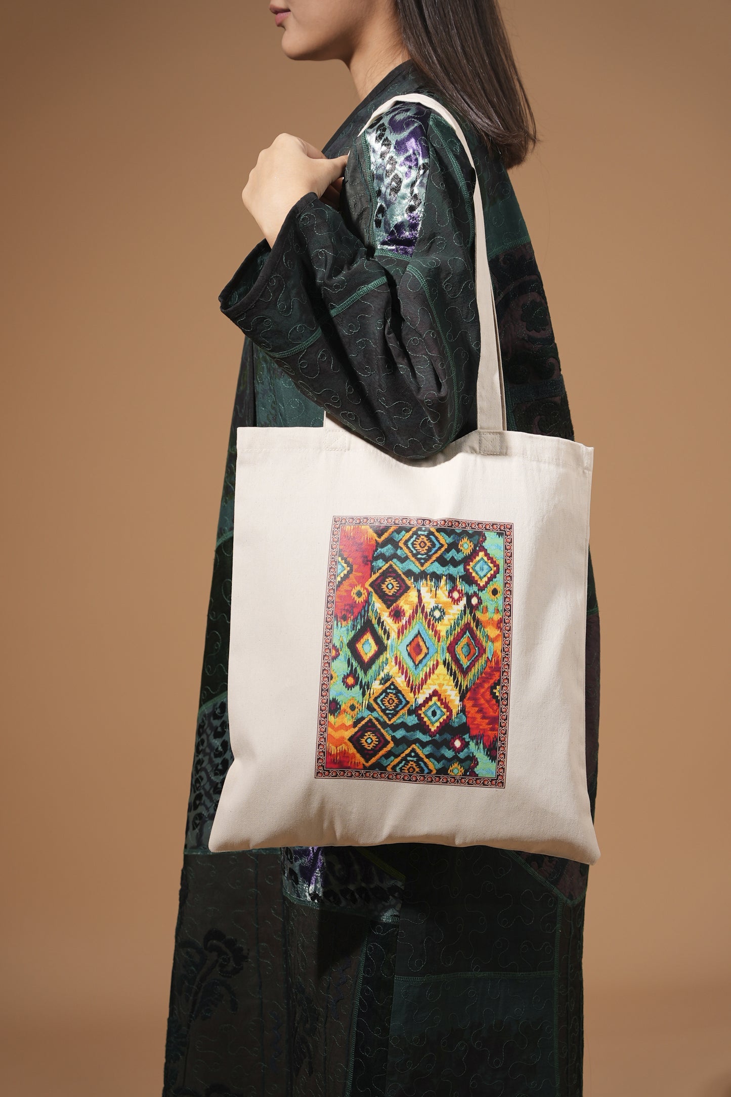 Cotton Tote Bag with Colorful Geometric Ikat Print
