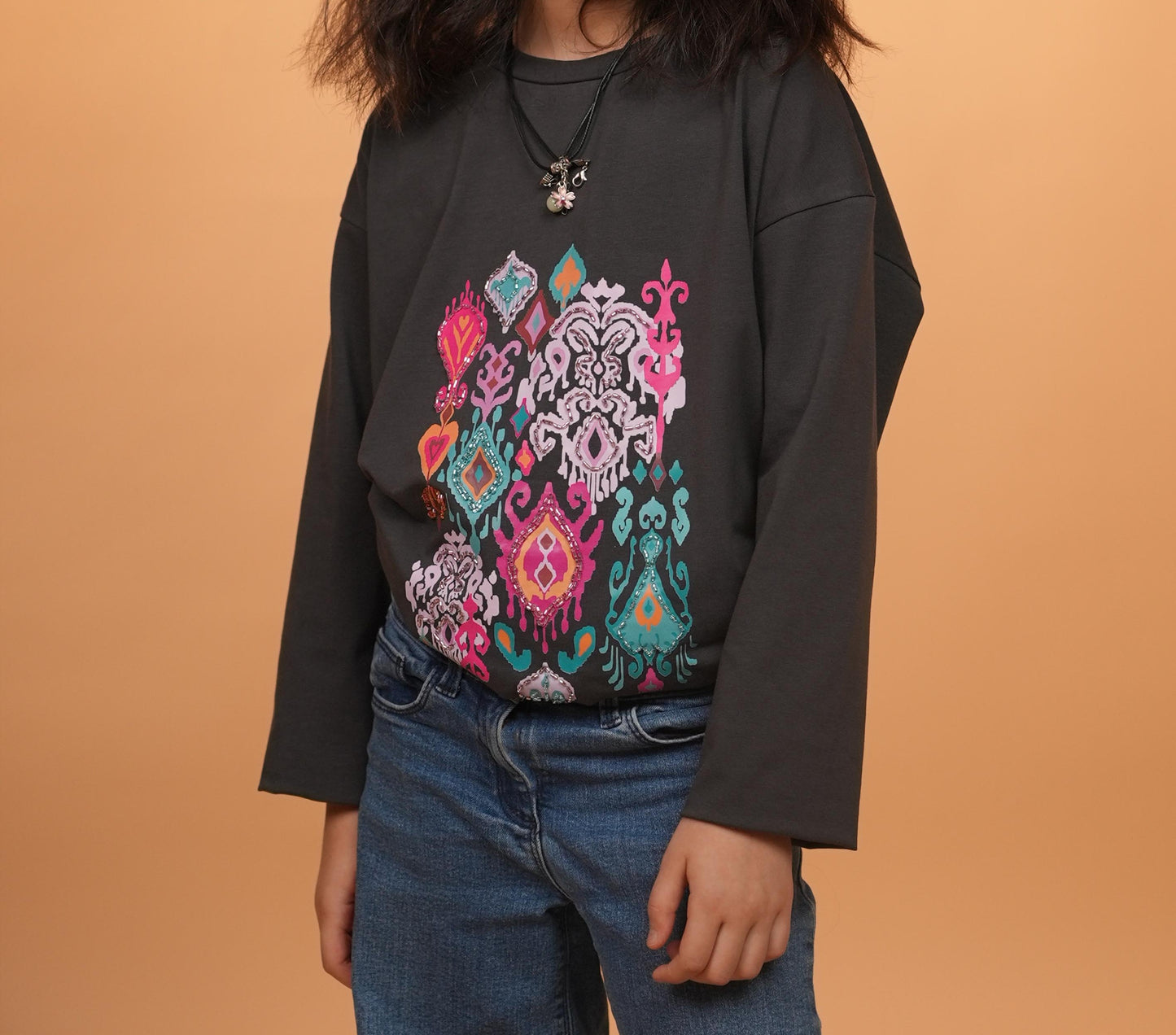 Ikat Festive - Orchid - Charcoal - Hand-Beaded