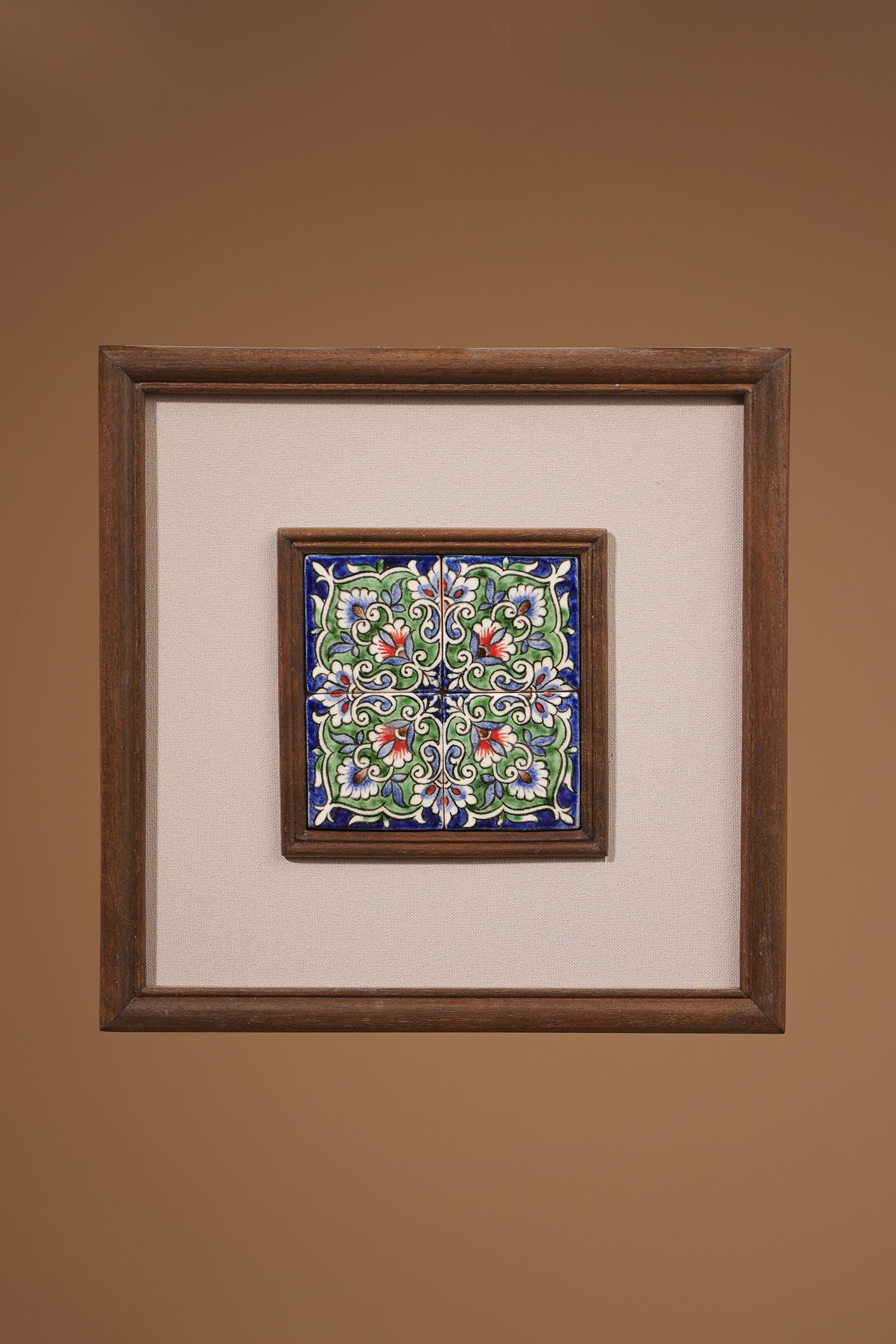 Wooden Wall Décor with Handcrafted Floral Ceramic Tile