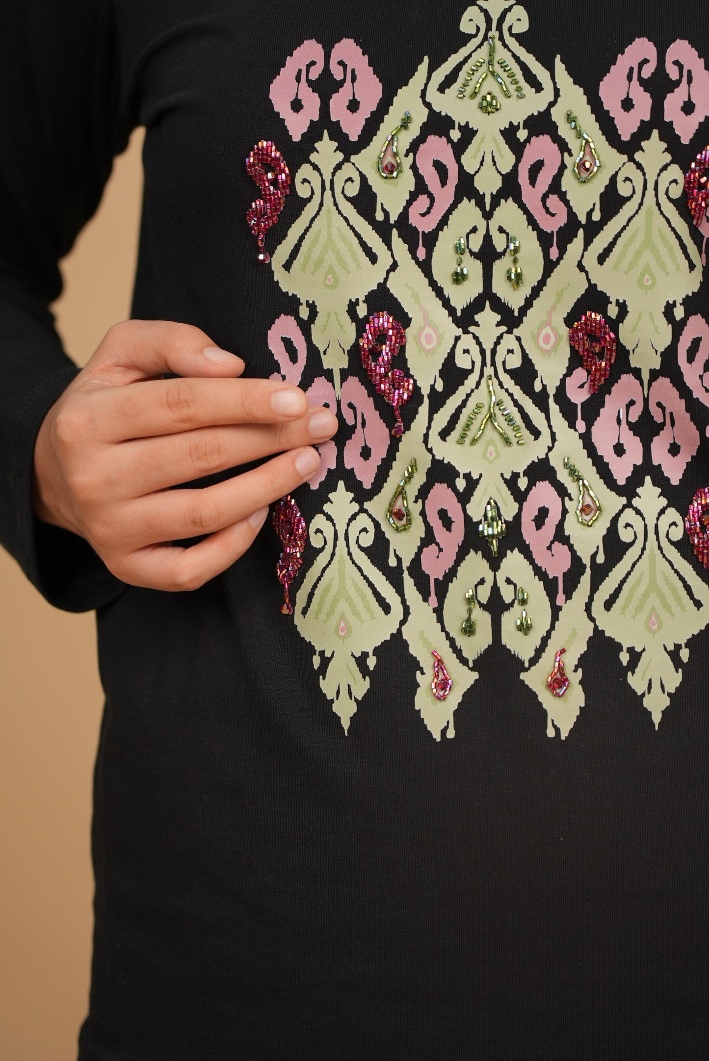 Ikat Bloom - Sage — Black — Hand-Beaded