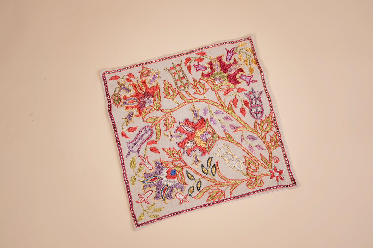 Hand-Embroidered Floral Pillow Case – Multicolor Suzani Design