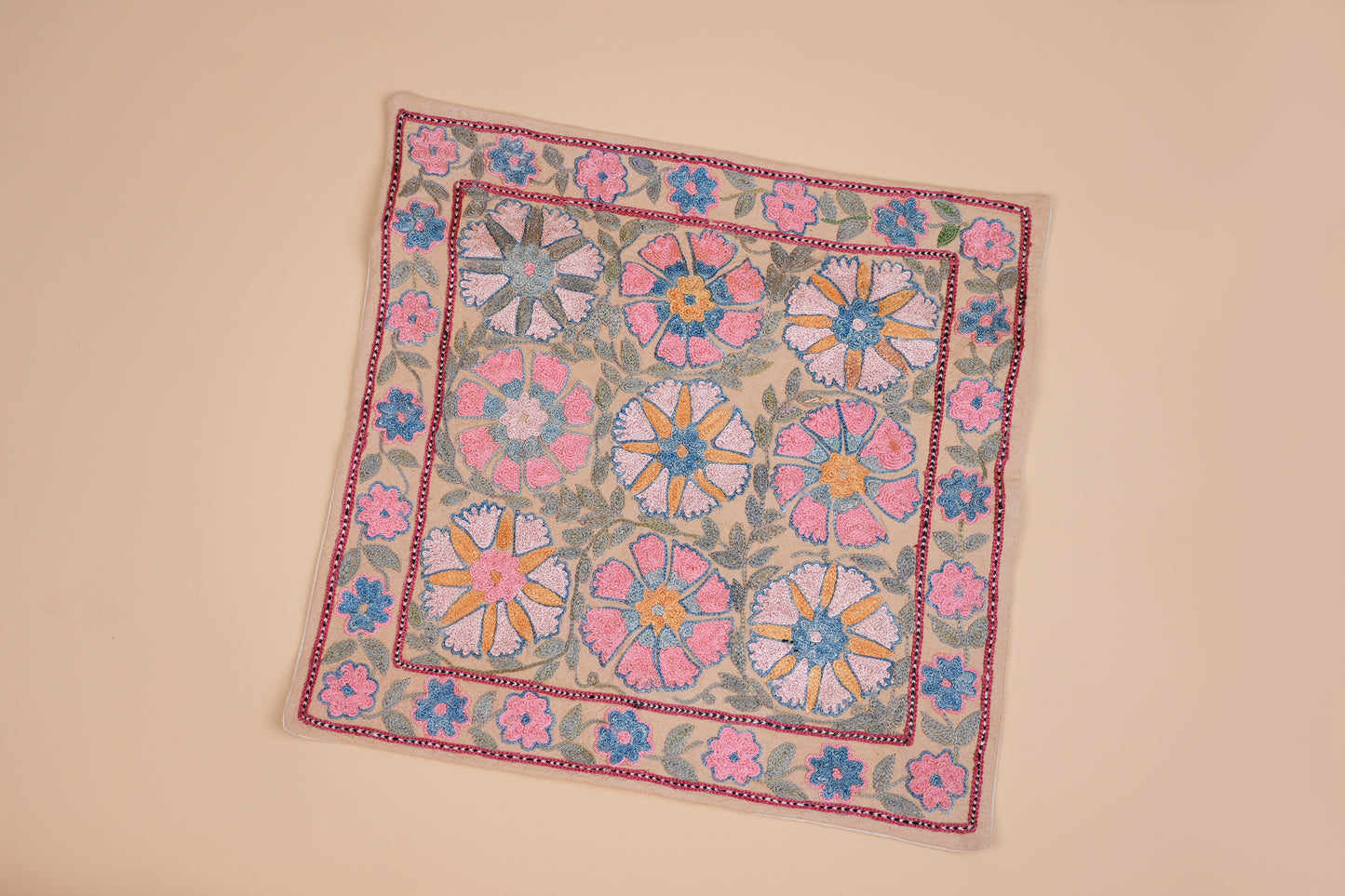 Hand-Embroidered Floral Pattern Pillow Case – Pink & Blue
