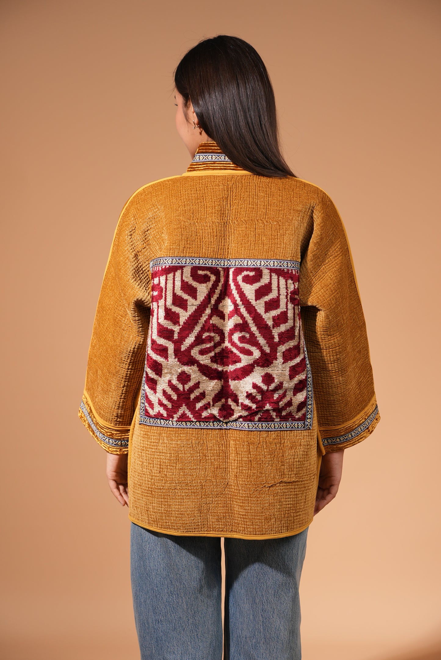 Golden Velvet Chapan with Traditional Ikat Back Panel — Hand-Embroidered