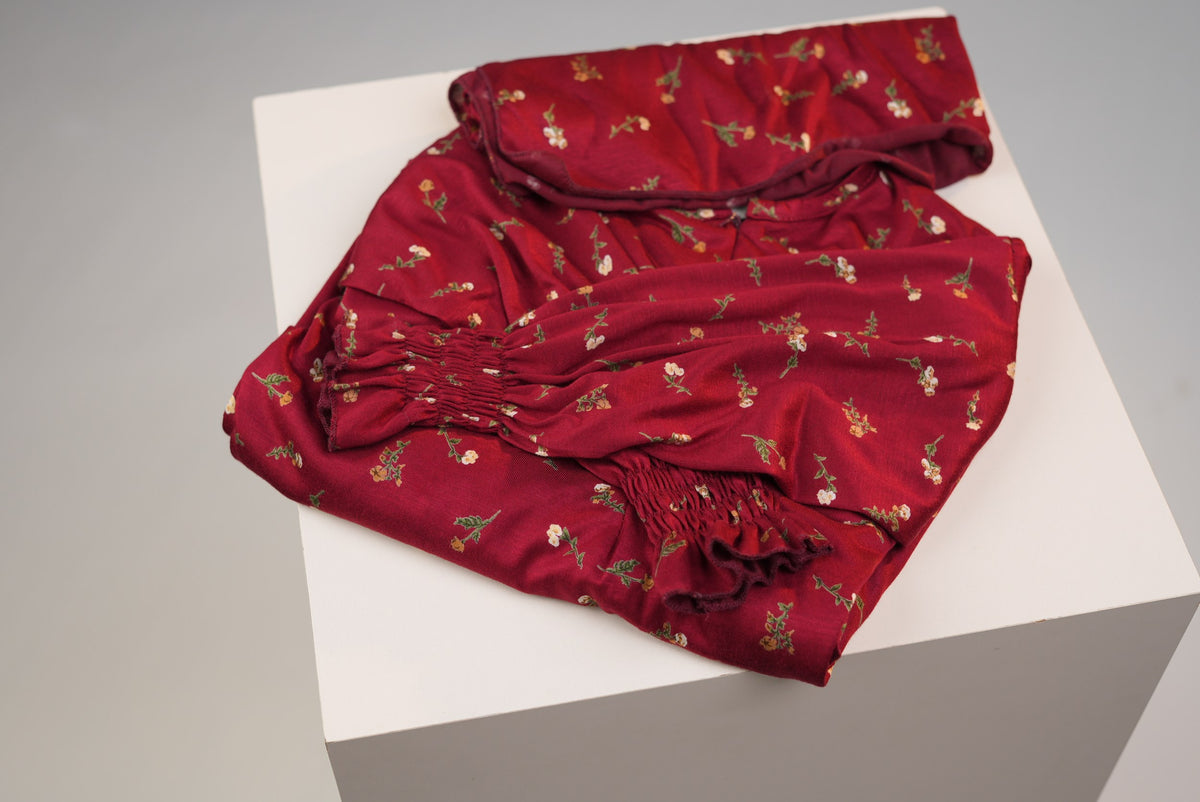 Cotton Floral Girls Dress with Built-in Scarf – Cherry Red