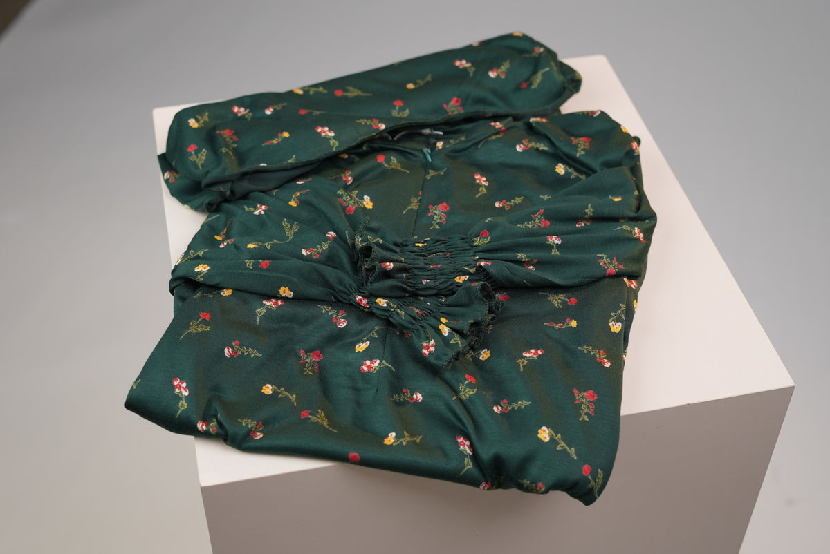 Cotton Floral Girls Dress with Built-in Scarf – Forest Green