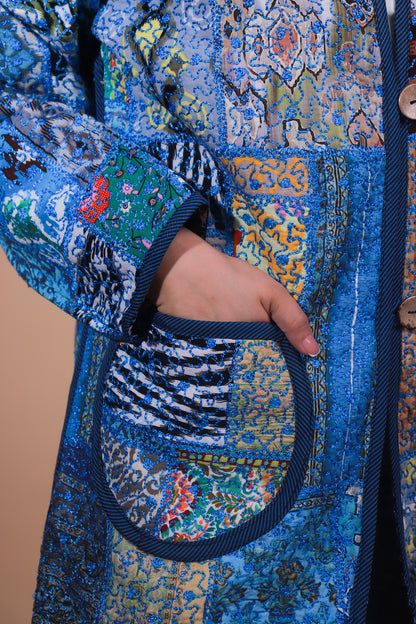 Patchwork Ikat Chapan — Blue Elegance — Hand-Embroidered