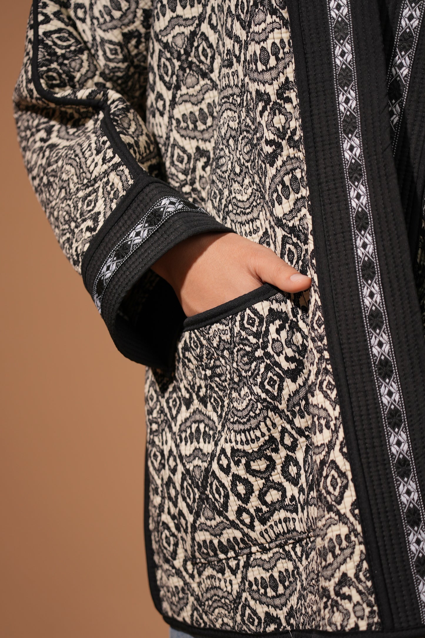 Black & White Reversible Short Chapan — Traditional Ikat Design — Hand Embroidery