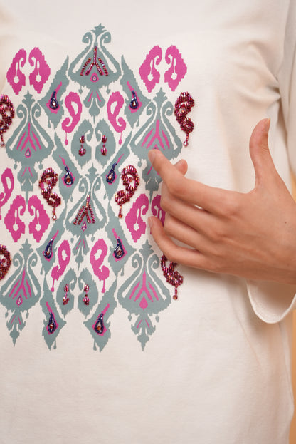 Ikat Bloom - Aqua —  White —  Hand-Beaded