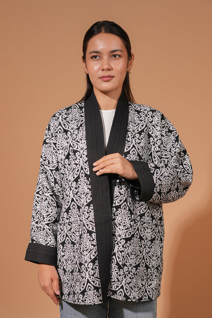 Black & White Reversible Short Chapan — Traditional Ikat Design — Hand Embroidery