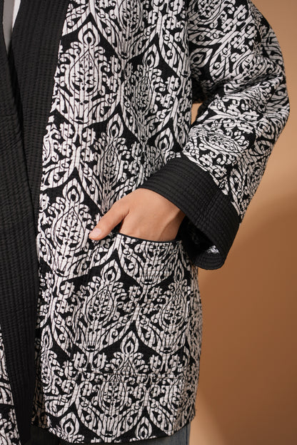 Black & White Reversible Short Chapan — Traditional Ikat Design — Hand Embroidery