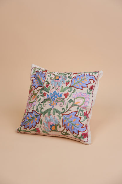 Hand-Embroidered Floral Pillow Case – Blue & Pink Suzani Design