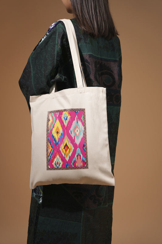 Cotton Tote Bag with Vibrant Ikat-Inspired Print