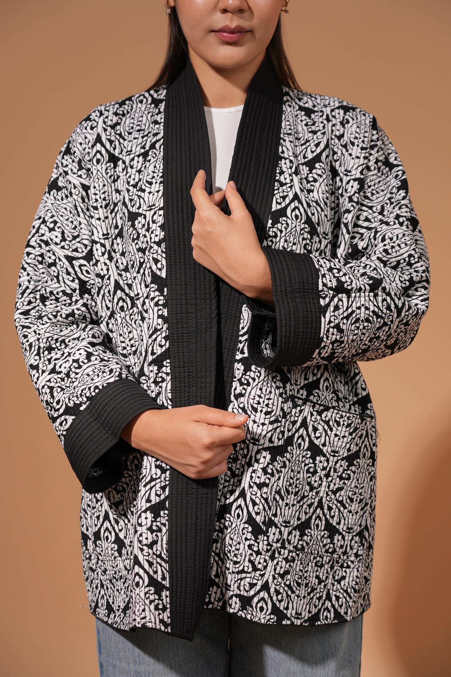 Black & White Reversible Short Chapan — Traditional Ikat Design — Hand Embroidery