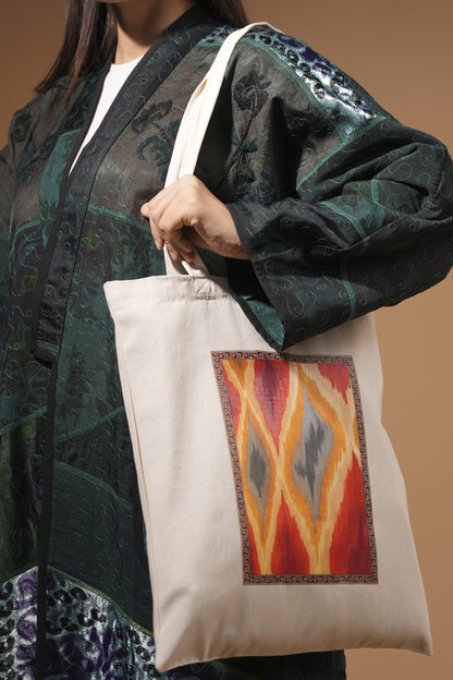 Cotton Tote Bag with Warm Ikat-Inspired Design