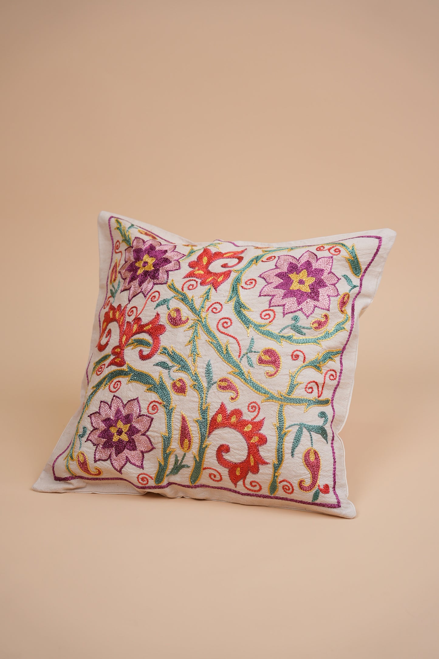 Suzani Hand Embroidered Pillow Case – Floral Motif in Purple & Red