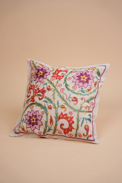 Suzani Hand Embroidered Pillow Case – Floral Motif in Purple & Red
