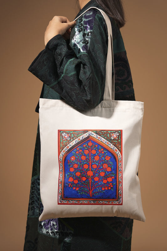 Cotton Tote Bag with Pomegranate Tree Artwork Design