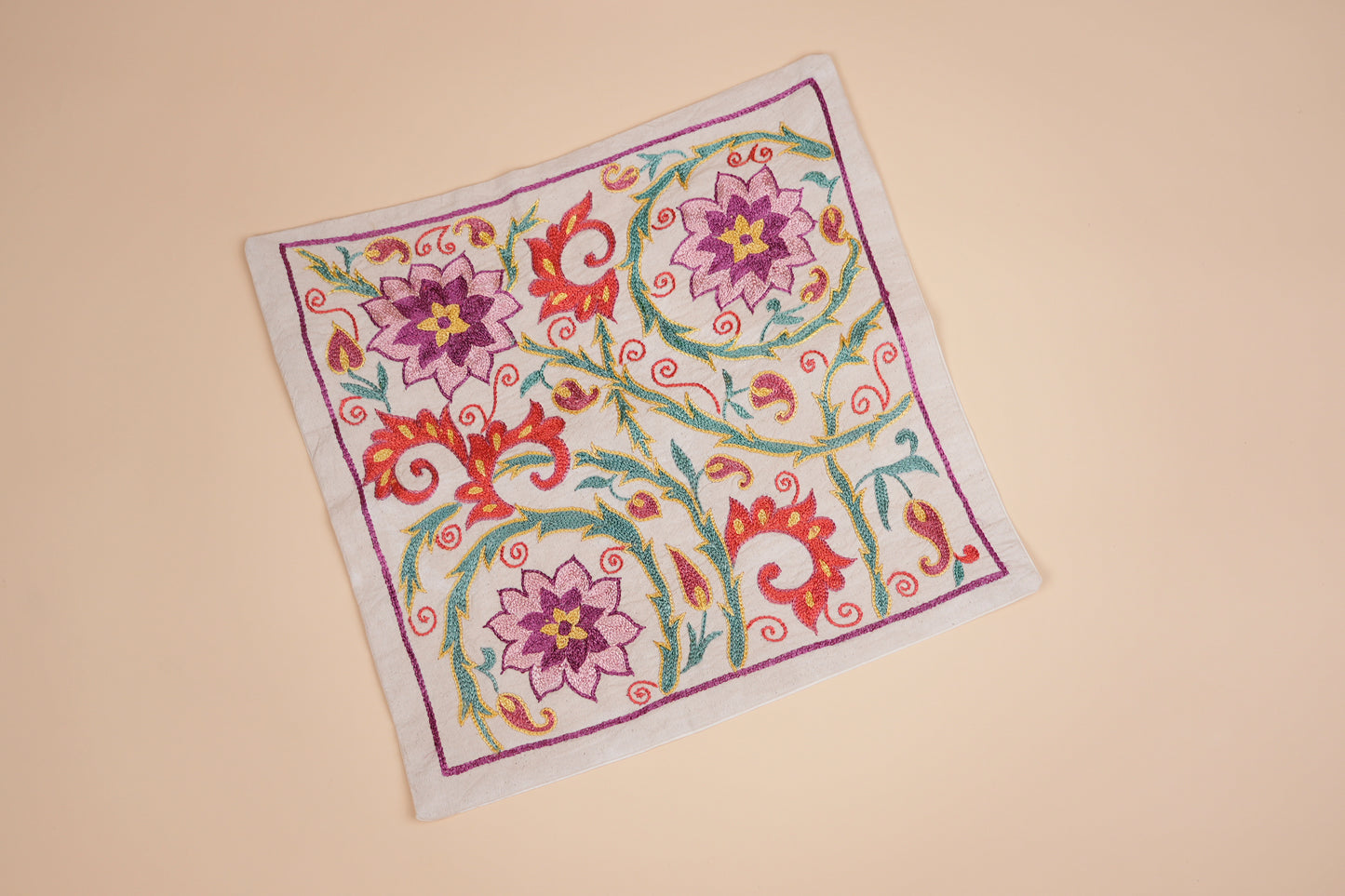 Suzani Hand Embroidered Pillow Case – Floral Motif in Purple & Red