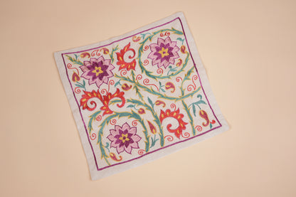 Suzani Hand Embroidered Pillow Case – Floral Motif in Purple & Red