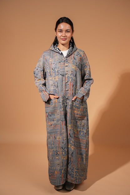 Reversible Chapan with Hood – Ikat Design — Hand-Embroidered — Includes Matching Tote