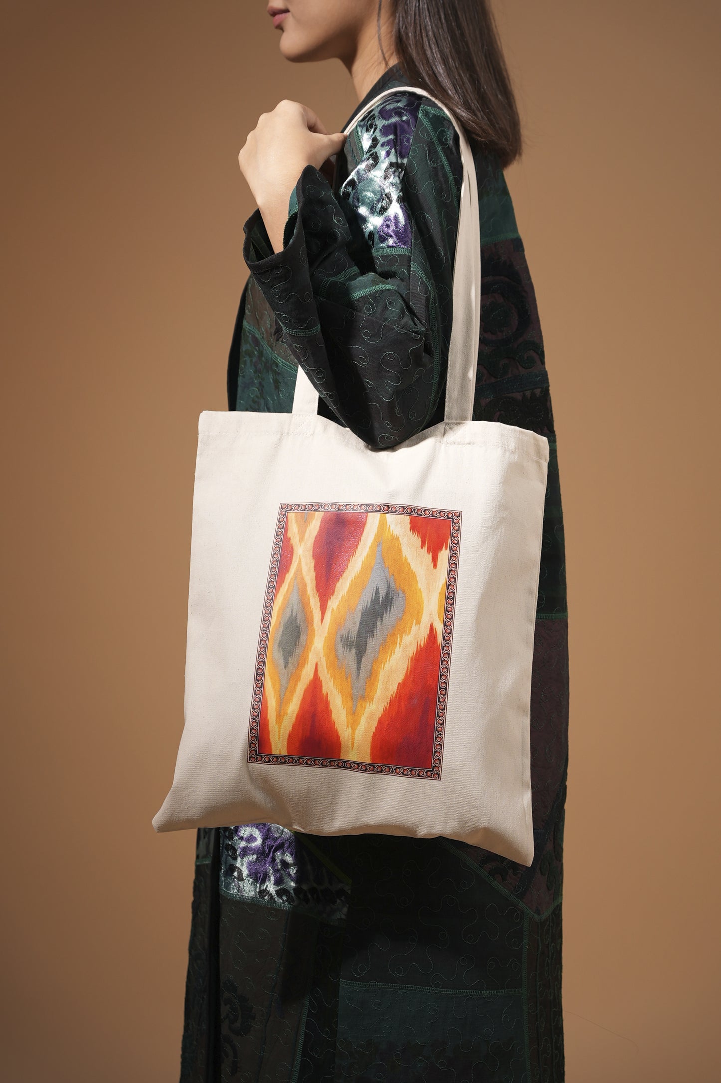 Cotton Tote Bag with Warm Ikat-Inspired Design