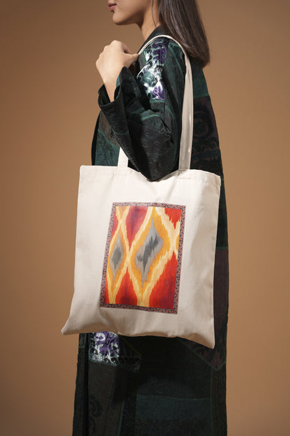 Cotton Tote Bag with Warm Ikat-Inspired Design