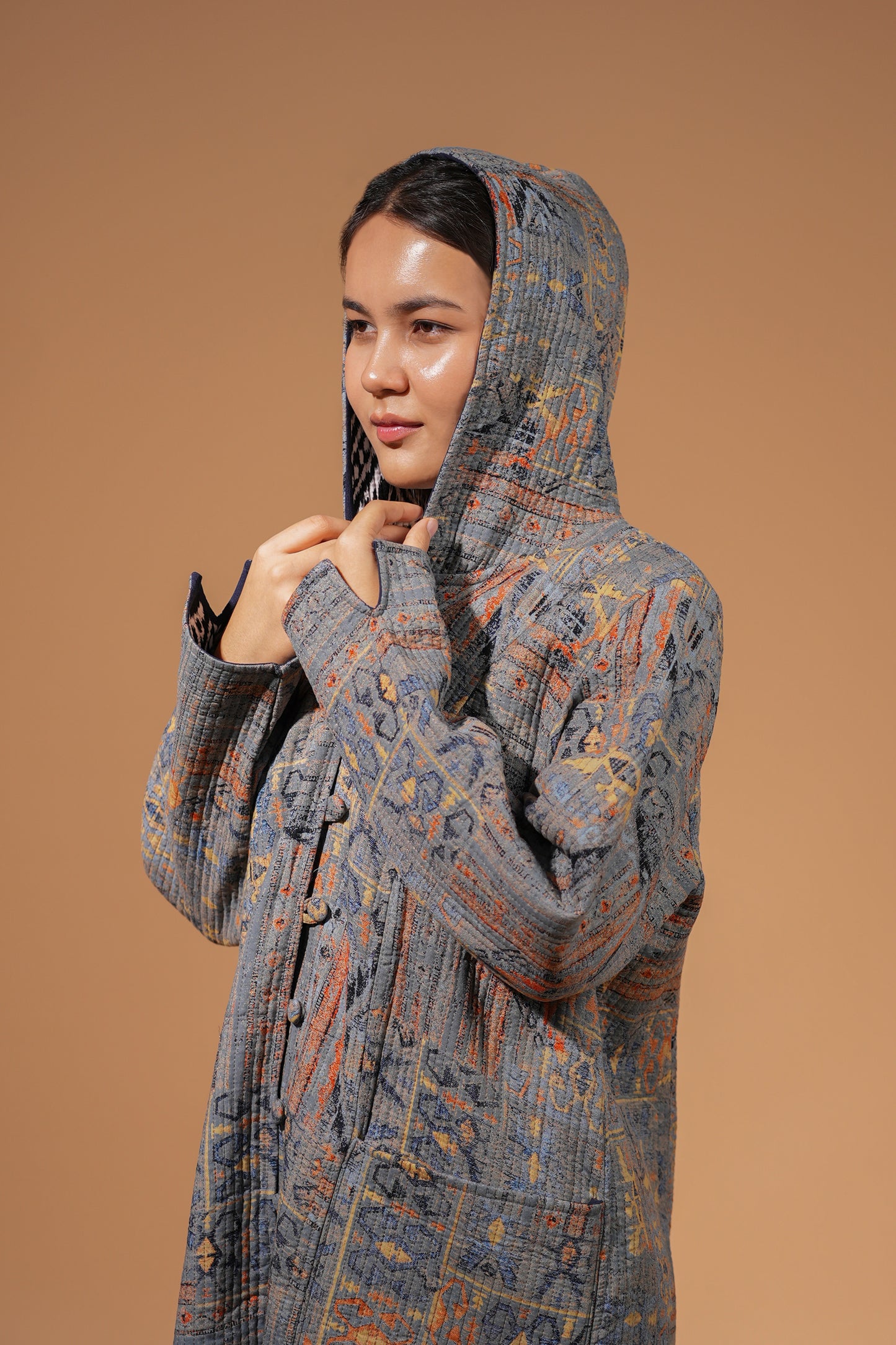 Reversible Chapan with Hood – Ikat Design — Hand-Embroidered — Includes Matching Tote