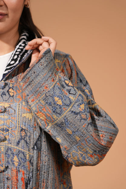 Reversible Chapan with Hood – Ikat Design — Hand-Embroidered — Includes Matching Tote