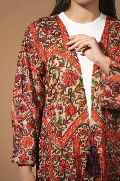 Floral Embroidered Long Coat with Tassel Detail — Hand-Embroidered