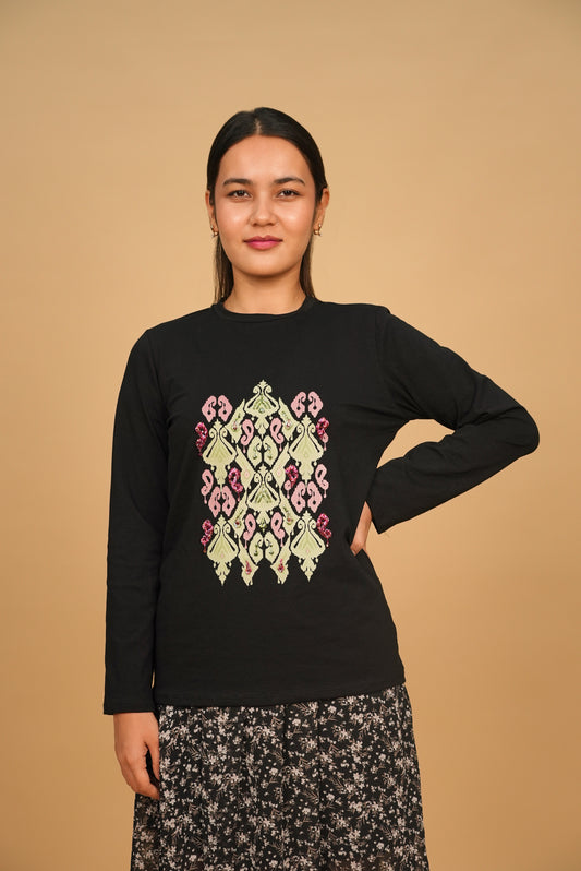 Ikat Bloom - Sage —  Black — Hand-Beaded
