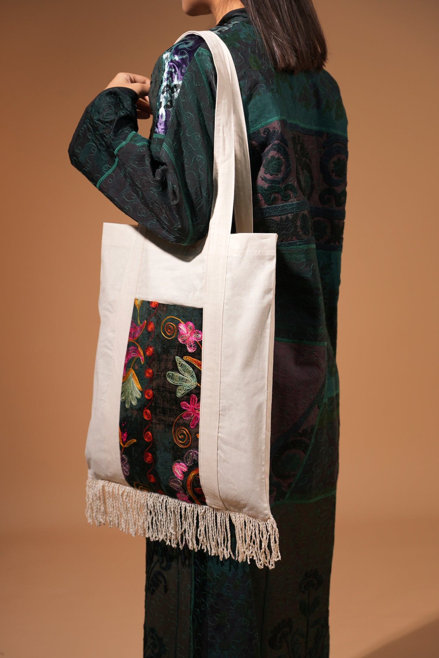 Emerald Floral Patchwork Long Coat — Hand-Embroidered — Includes Matching Tote
