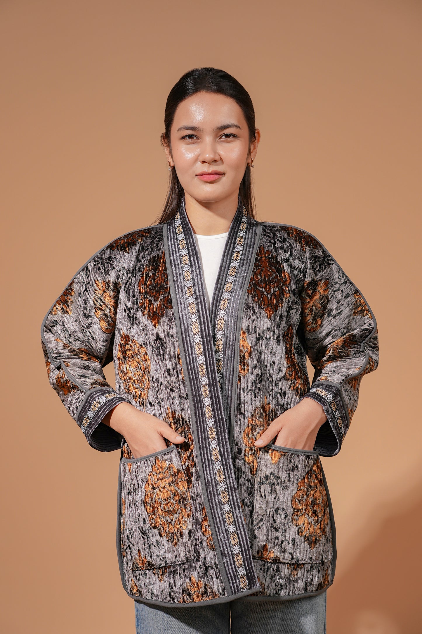 Reversible Velvet Ikat Coat — Silver & Golden — Hand-Embroidered