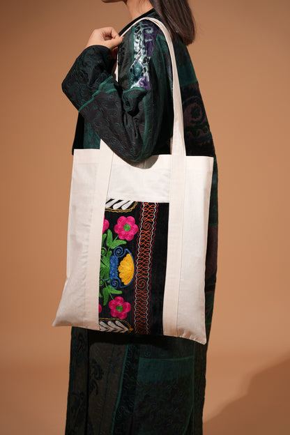 Handmade Embroidered Shopper Tote – Cotton Bag with Colorful Floral Design
