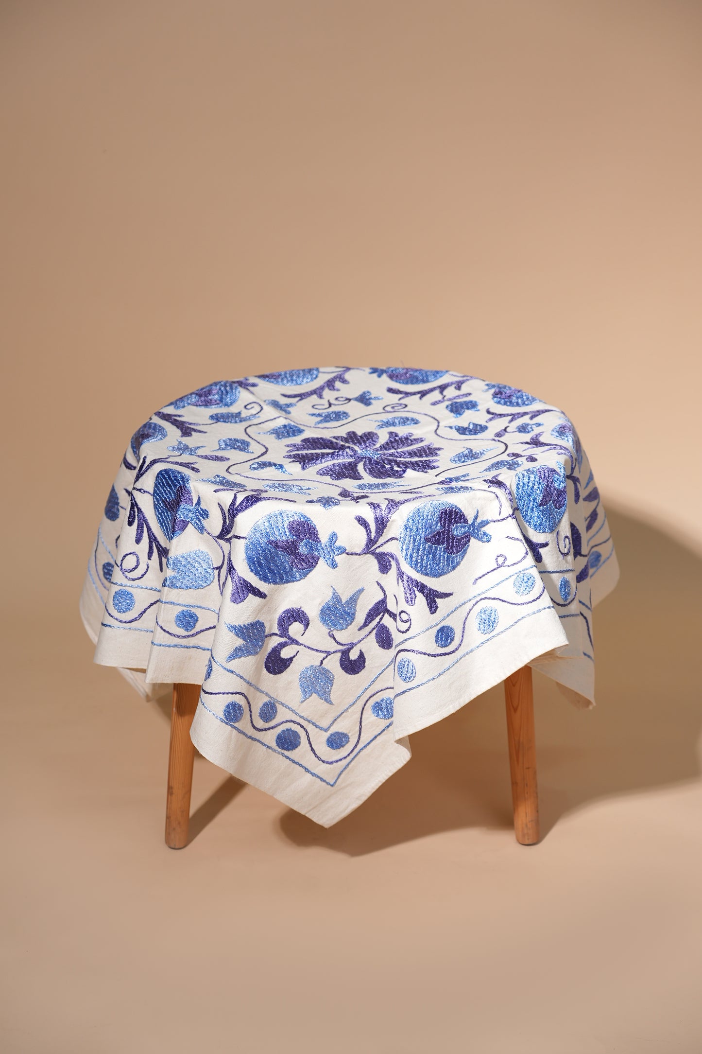 Hand-Embroidered Blue Floral Tablecloth