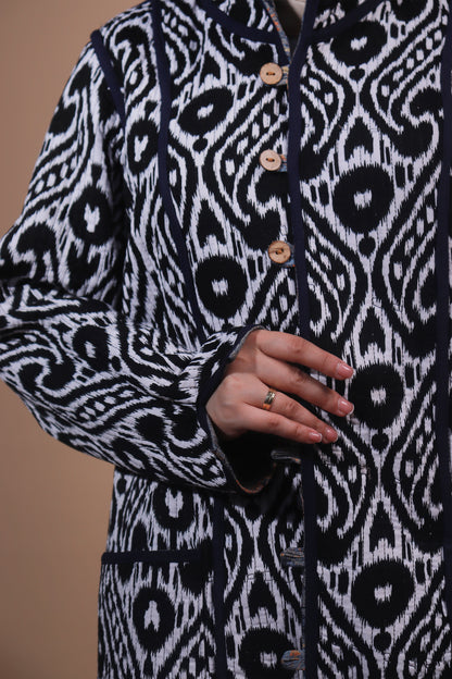 Reversible Chapan with Hood – Ikat Design — Hand-Embroidered — Includes Matching Tote