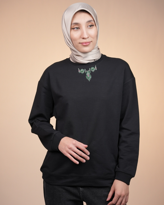 Ikat Festive - Lush Charm - Warm Black with Green Beads – Hand-Beaded