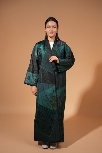 Emerald Floral Patchwork Long Coat — Hand-Embroidered — Includes Matching Tote