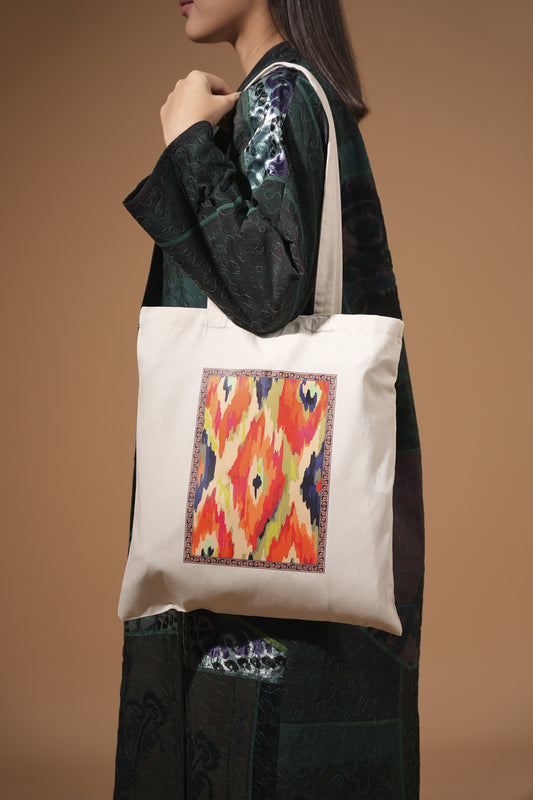 Cotton Tote Bag with Bold Multicolor Ikat Print