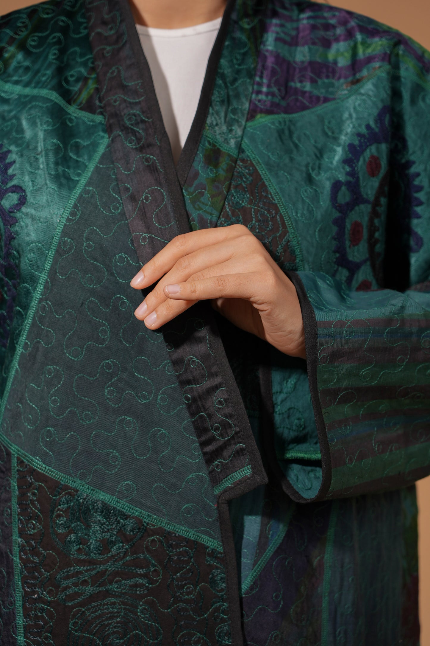 Emerald Floral Patchwork Long Coat — Hand-Embroidered — Includes Matching Tote