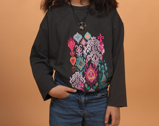 Ikat Festive - Orchid - Charcoal - Hand-Beaded