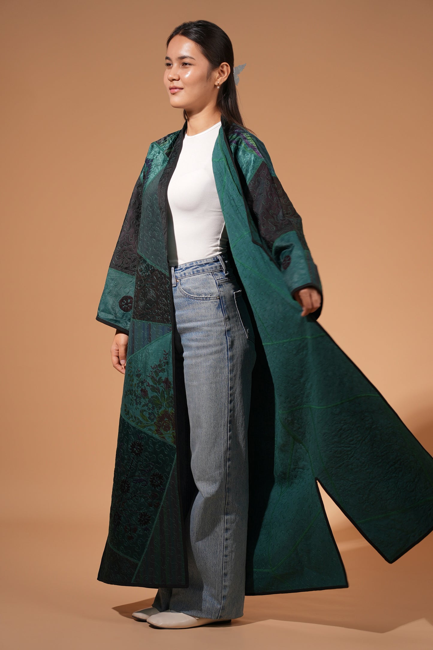 Emerald Floral Patchwork Long Coat — Hand-Embroidered — Includes Matching Tote