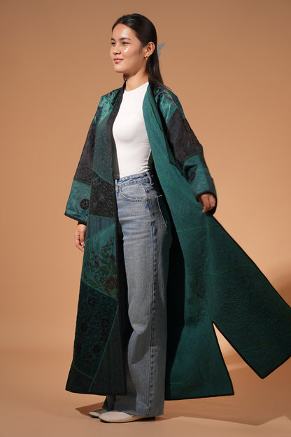 Emerald Floral Patchwork Long Coat — Hand-Embroidered — Includes Matching Tote