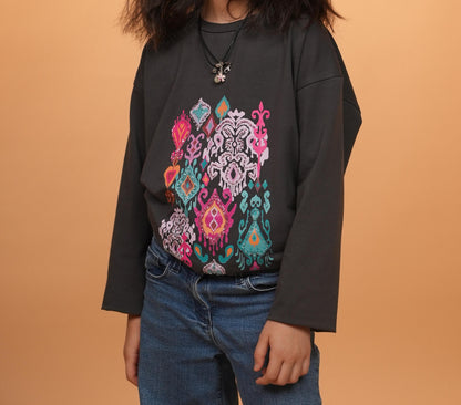 Ikat Festive - Orchid - Charcoal - Hand-Beaded