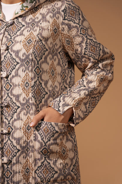 Reversible Chapan with Hood - Floral Suzani Design — Hand-Embroidered — Includes Matching Tote