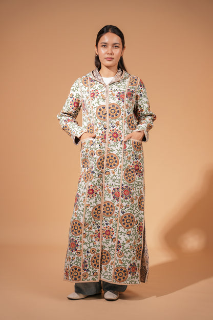 Reversible Chapan with Hood - Floral Suzani Design — Hand-Embroidered — Includes Matching Tote