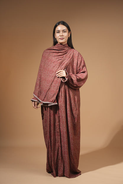 Elegant Maroon Floral Dress with Built-In Scarf