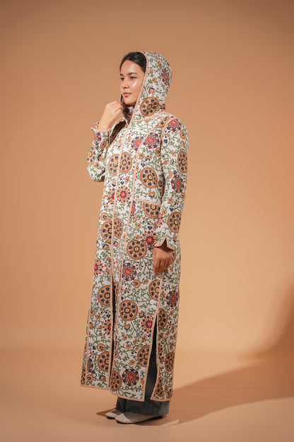 Reversible Chapan with Hood - Floral Suzani Design — Hand-Embroidered — Includes Matching Tote