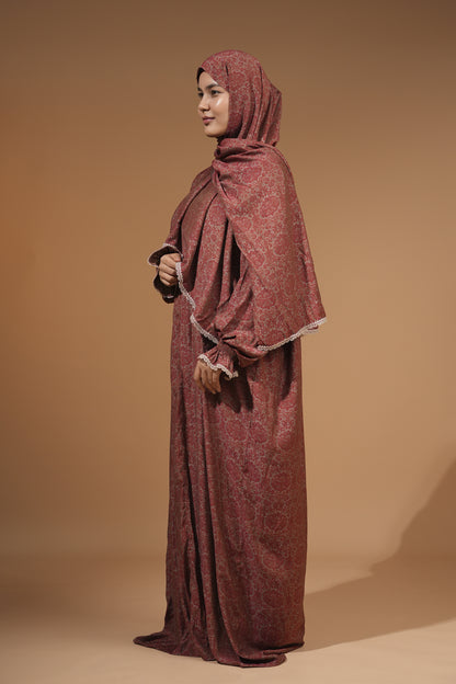 Elegant Maroon Floral Dress with Built-In Scarf