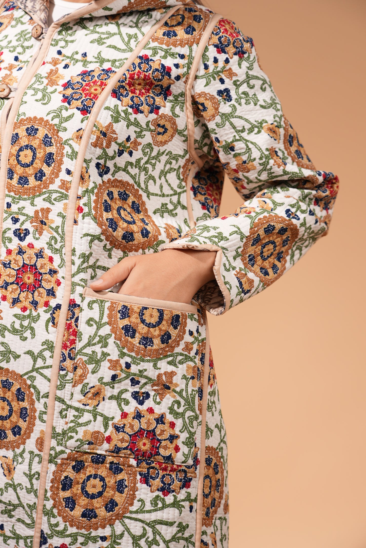 Reversible Chapan with Hood - Floral Suzani Design — Hand-Embroidered — Includes Matching Tote